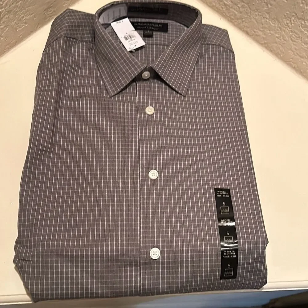 Banana Republic Men's S Wrinkle Resistant Dress Shirt Gray White Windowpane New